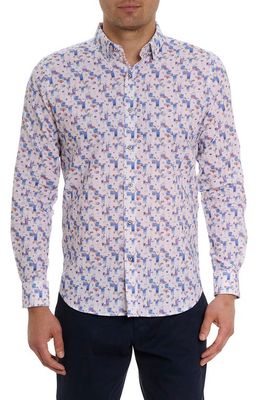 Robert Graham Blue Hawaiian Tailored Fit Print Linen & Cotton Button-Up Shirt in White