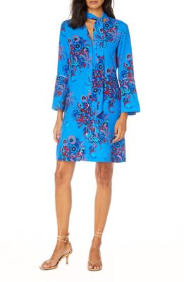 Robert Graham Brenna Floral Tie Neck Button Front Long Sleeve Dress in Blue Multi