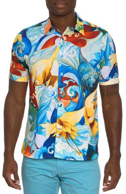 Robert Graham Goldie Abstract Print Short Sleeve Button-Up Performance Shirt in Blue Multi