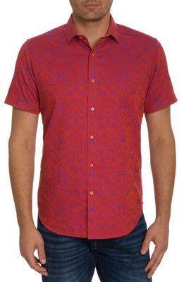 Robert Graham Highland 2 Damask Print Stretch Short Sleeve Button-Up Shirt in Red