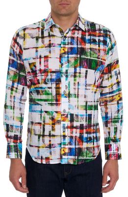 Robert Graham Molley Watercolor Geo Print Linen & Cotton Button-Up Shirt in White Multi