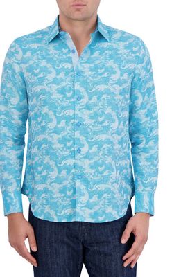 Robert Graham Poseidon Linen & Cotton Jacquard Button-Up Shirt in Turquoise