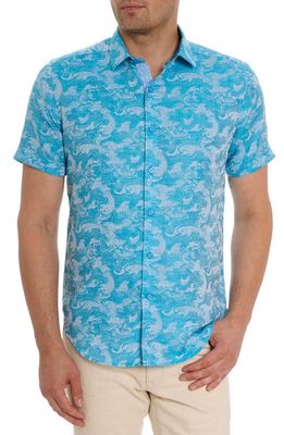 Robert Graham Poseidon Short Sleeve Linen & Cotton Jacquard Button-Up Shirt in Turquoise