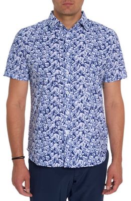 Robert Graham Redford Daisy Print Short Sleeve Stretch Knit Button-Up Shirt in Blue Multi