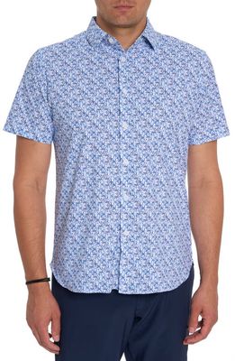 Robert Graham Shields Twinkle Print Short Sleeve Stretch Knit Button-Up Shirt in Blue Multi