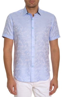 Robert Graham Wave You Paisley Short Sleeve Linen & Cotton Button-Up Shirt in Light Blue