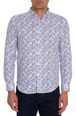 Robert Graham Wyndham Geo Print Linen & Cotton Button-Up Shirt in Blue