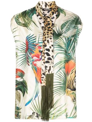Roberto Cavalli Jungle-print tie-neck silk top - Neutrals