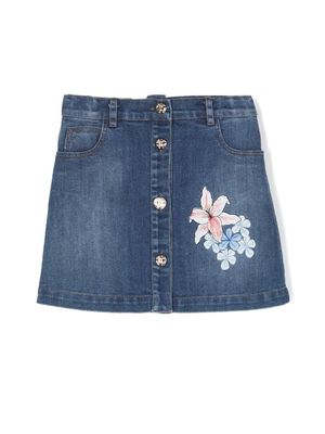 Roberto Cavalli Junior floral-embroidered denim skirt - Blue