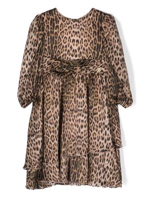 Roberto Cavalli Junior leopard-print long-sleeve silk dress - Neutrals