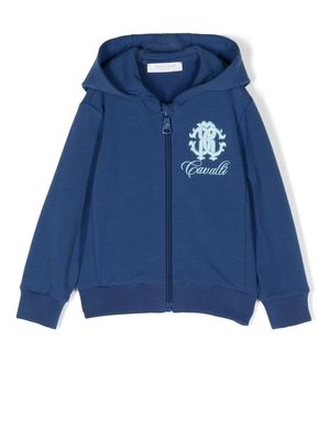 Roberto Cavalli Junior monogram-embroidered zip-front hoodie - Blue
