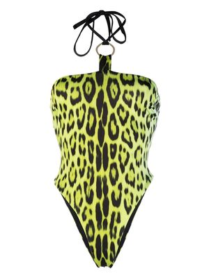 Roberto Cavalli leopard print halterneck swimsuit - Yellow