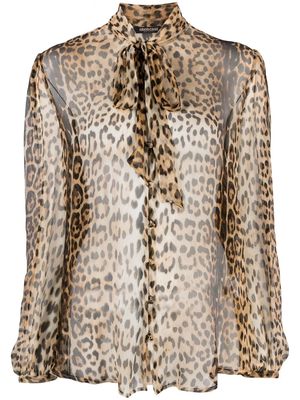 Roberto Cavalli leopard-print sheer pussybow blouse - Neutrals