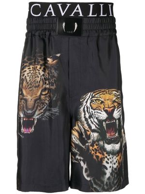 Roberto Cavalli logo-waistband animalier-patch shorts - Black