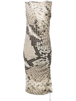 Roberto Cavalli Macro Snake Print Silk Dress - Neutrals