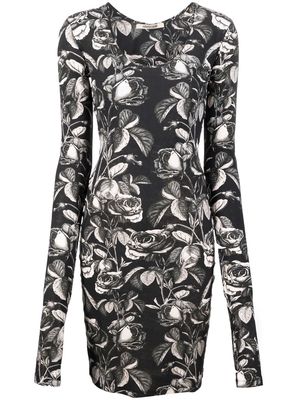 Roberto Cavalli rose-print long-sleeve dress - Black