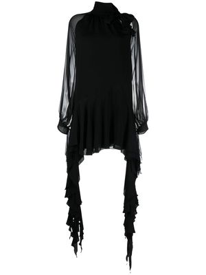 Roberto Cavalli sheer-sleeve draped-ruffle silk dress - Black