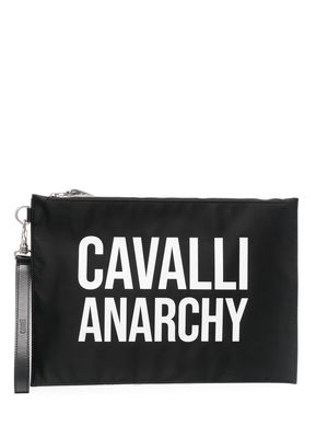 Roberto Cavalli slogan-print leather clutch bag - Black