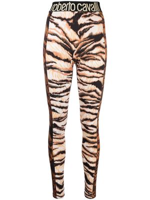 Roberto Cavalli tiger-print logo-waist leggings - Neutrals
