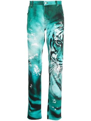 Roberto Cavalli Tiger-print straight-leg jeans - Green