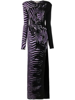 Roberto Cavalli zebra jacquard side slit gown - Black
