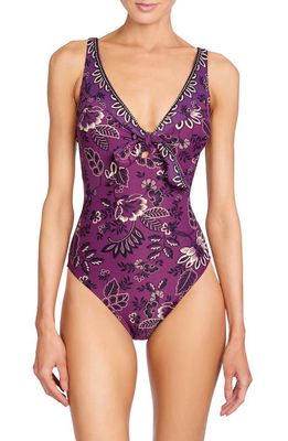 Robin Piccone Apollonia Floral V-Neck One-Piece Swimsuit in Viola