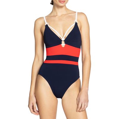 Robin Piccone Babe Triangle One-Piece Swimsuit in Navy Combo 