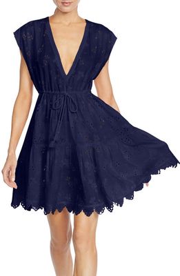 Robin Piccone Daisy Flounce Cotton Eyelet Cover-Up Dress in Navy