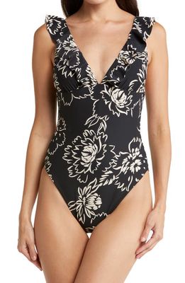 Robin Piccone Gracie Ruffle Plunge Neck One-Piece Swimsuit in Black