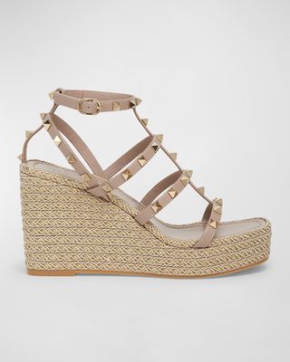 Rockstud Leather Caged Wedge Espadrilles