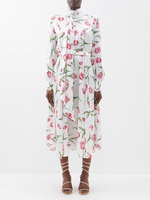 Rodarte - Belted Floral-print Silk Dress - Womens - Pink
