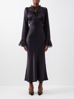 Rodarte - Flared-sleeve Lace-trimmed Silk-satin Dress - Womens - Black