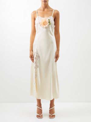 Rodarte - Floral-appliqué Lace-panelled Silk-satin Dress - Womens - Ivory