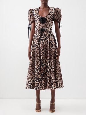 Rodarte - Leopard-print Puff-sleeve Silk Midi Dress - Womens - Multi