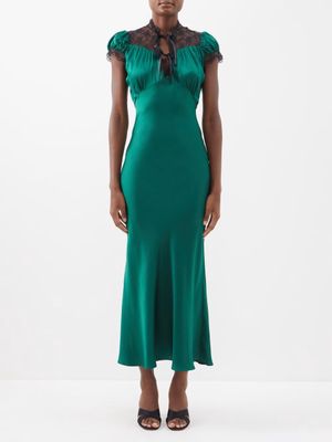 Rodarte - Puff-sleeve Lace-yoke Silk-satin Dress - Womens - Green