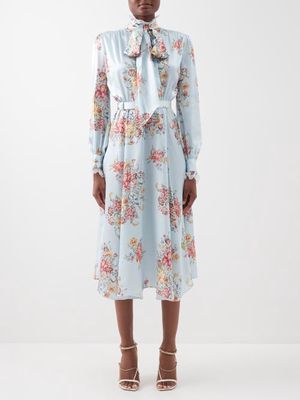 Rodarte - Tie-neck Lace-trimmed Floral Silk-satin Dress - Womens - Blue Print