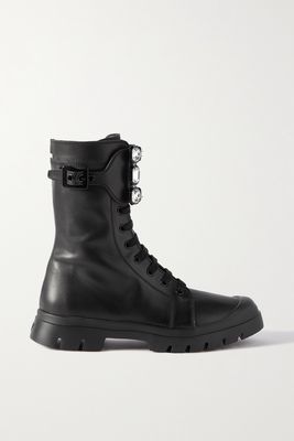 Roger Vivier - Walky Viv Crystal-embellished Leather Combat Boots - Black