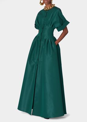 Roll-Sleeve Pleated Silk Gown