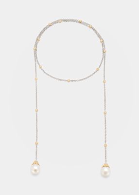 Rolo Necklace in White Gold, Yellow Gold, 2 Pearls and Rose-Cut Diamonds