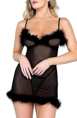 Roma Confidential After Hours Feather Trim Mesh Chemise in Black