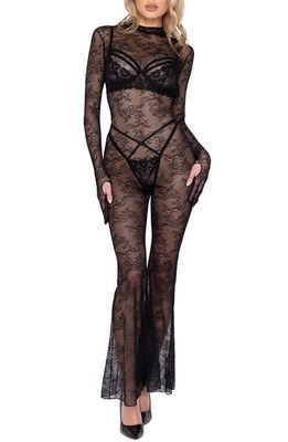 Roma Confidential Floral Long Sleeve Lace Bell Bottom Catsuit in Black