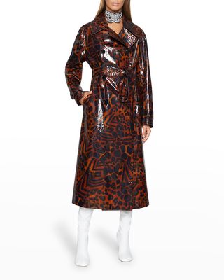 Ronas Lacquered Double-Breasted Belted Trench Coat