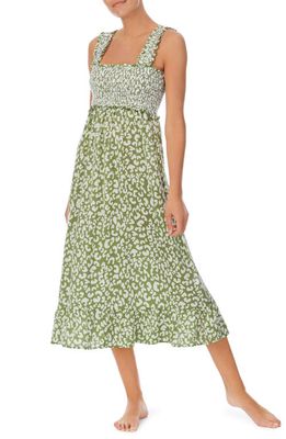 Room Service Pjs Smocked Sleeveless Nightgown in Green Print