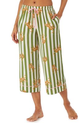Room Service Pjs Wide Leg Crop Pajama Pants in Olive/Nude Stripe W/Jaguar