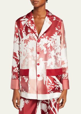Rose Bunch-Print Belted Silk Jacket