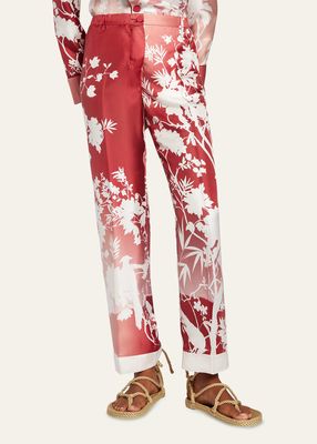 Rose Bunch-Print Silk Crop Pants