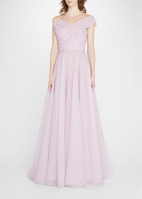 Rose Draped One-Shoulder Organza Gown