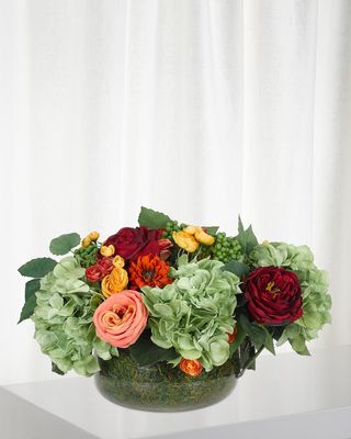 Rose Hydrangea Moss Garden Faux-Floral Arrangement in Glass Bowl, 17w17d10h