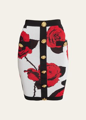 Rose Print Knit Pencil Skirt with Button Detail