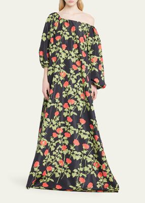 Rose-Print One-Shoulder Gown